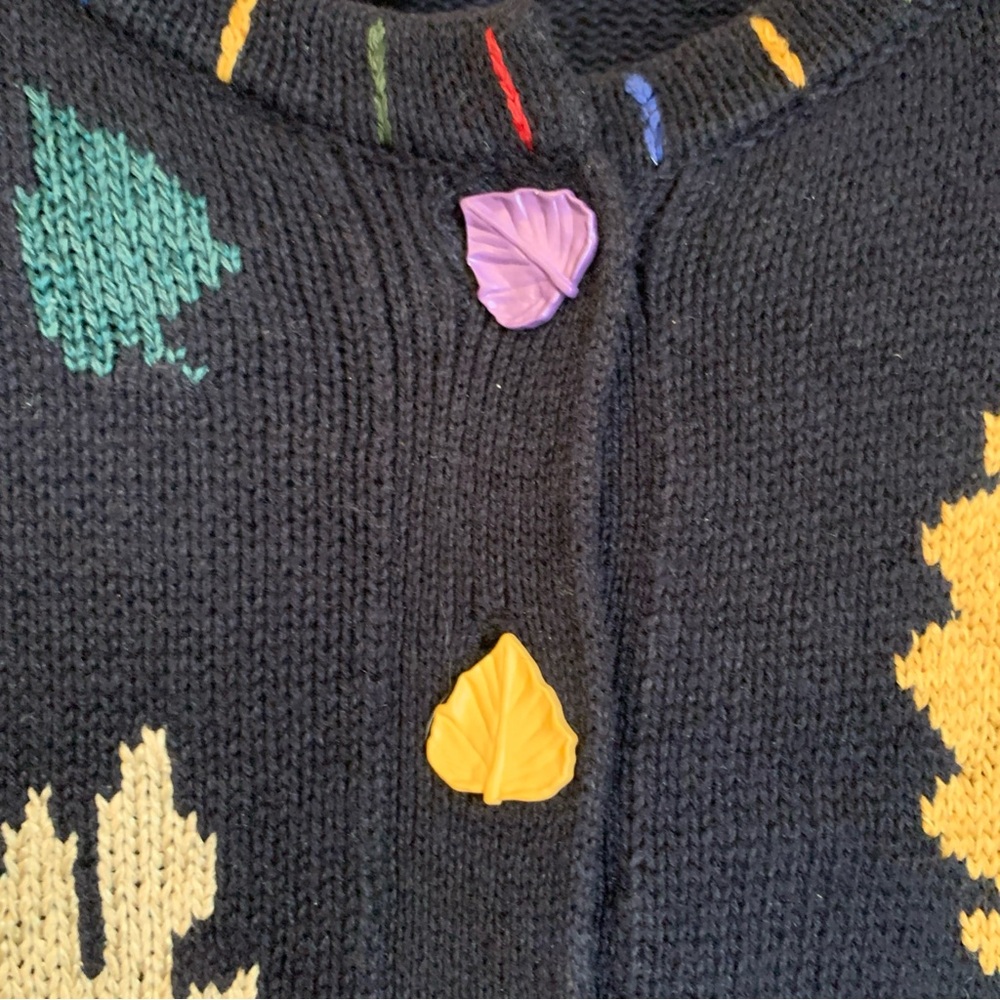 Vtg Christopher & Banks Fall Leaf Sweater Blue Hand Embroidered Knit Leaf Button - Picture 5 of 7